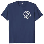 Navy blue crew-neck T-shirt with a white geometric logo on the chest.