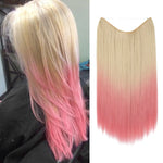 Side-by-side image showing long straight hair dyed blonde at the roots fading into bright pink at the ends, next to a matching blonde-to-pink ombré hair extension piece on a white background.