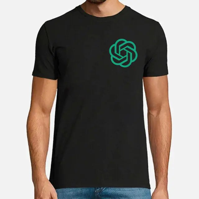 Black short-sleeve T-shirt with a green logo on the left chest.
