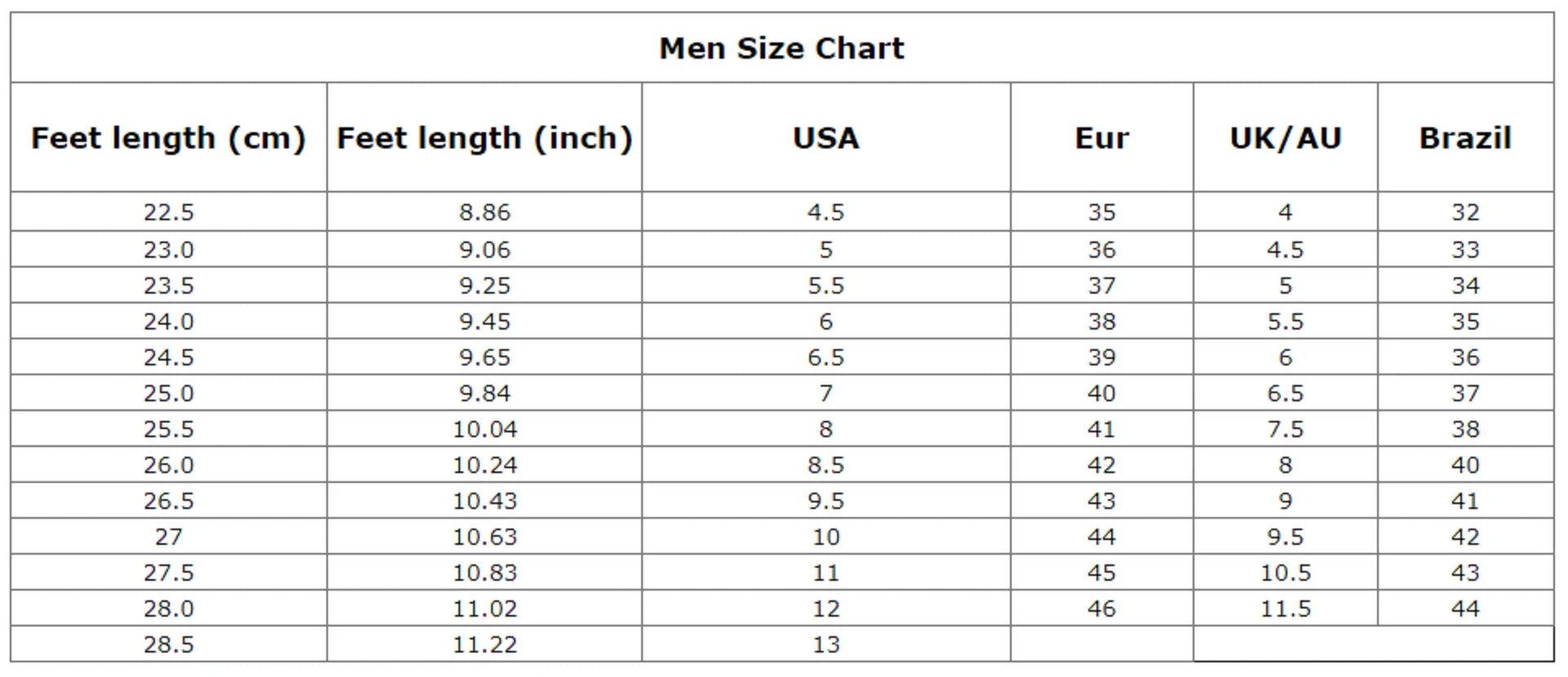 Men's Outdoor Snow Ankle Boots Size Chart