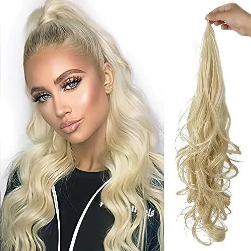 Long, curly blonde clip-in hair extension, displayed next to a model with natural blonde hair styled in a half-up, half-down look.