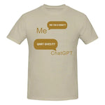 Beige graphic T-shirt with ChatGPT text and yellow speech bubble print.

