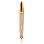 Gold-colored lipstick tube with a decorative light pink design on the side, shown on a white background.