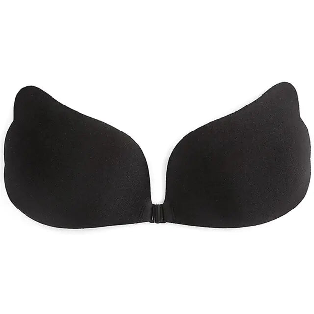 Black bra with clear shoulder straps and a front clasp.