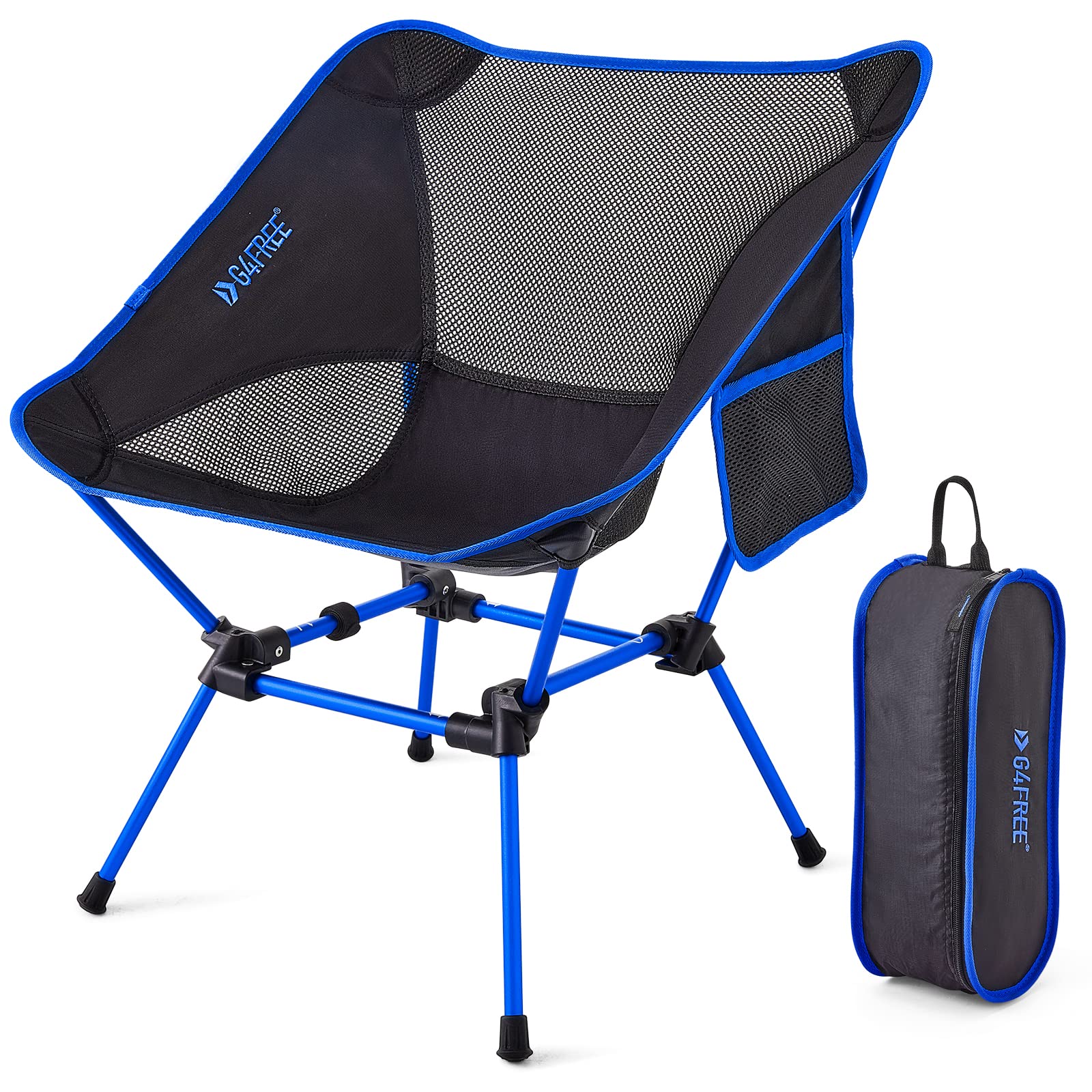 Blue and black camping chair with carrying bag on a white background