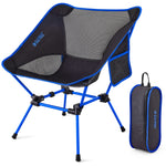 Blue and black camping chair with carrying bag on a white background