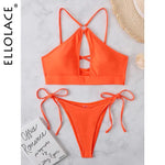 Flat-lay of an orange two-piece bikini set with a strappy halter-style top and tie-side bottoms, photographed on a marble background with “ELLOLACE” branding on the side.