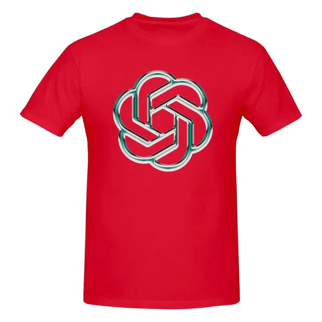 Red short-sleeve T-shirt with a large metallic-style OpenAI knot logo centered on the chest, shown on a white background.