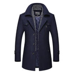 Navy tailored coat with a wide collar, button front, zip chest pocket, and patterned inner hood trim.
