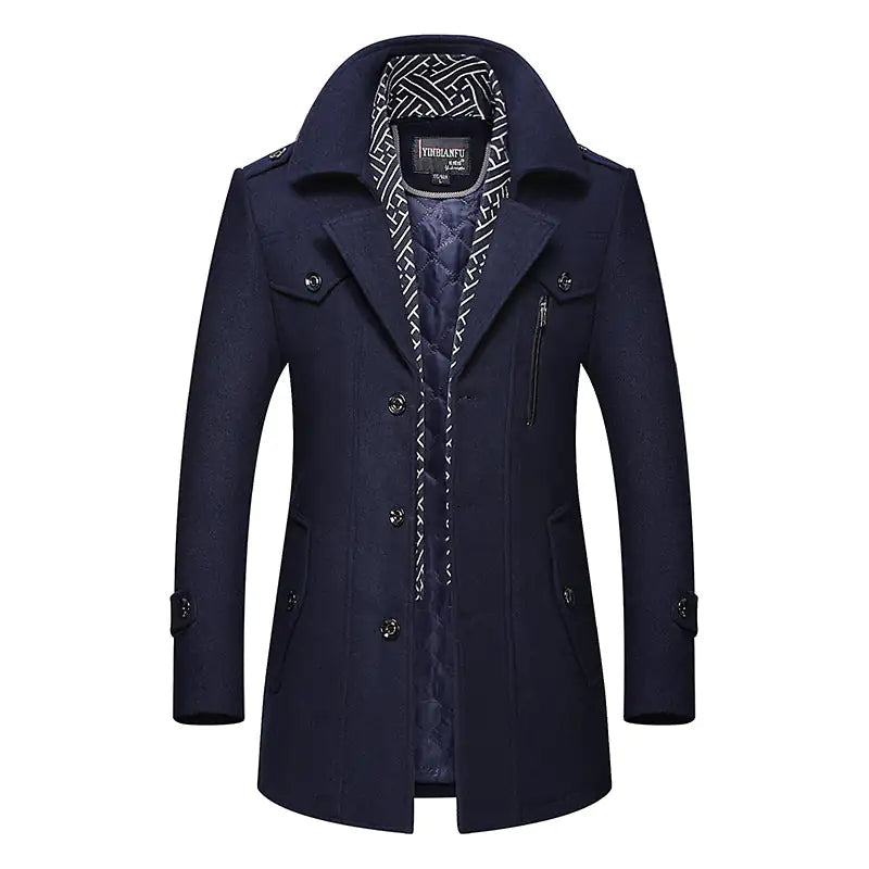 Navy tailored coat with a wide collar, button front, zip chest pocket, and patterned inner hood trim.