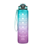 Tall gradient “motivational” water bottle fading from blue to pink with a metallic screw cap, showing faint time markers and reminder text on the front against a white background.