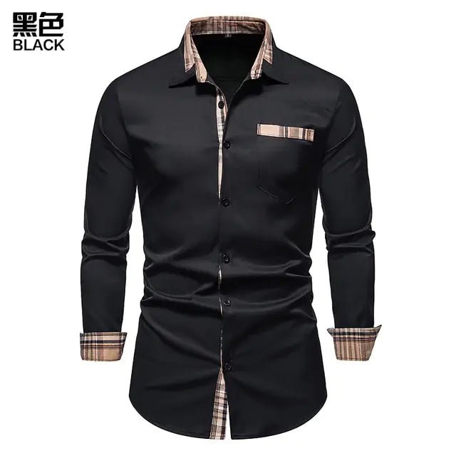 Black long-sleeve button-up shirt with beige checked trim on the collar, cuffs, placket and chest pocket.
