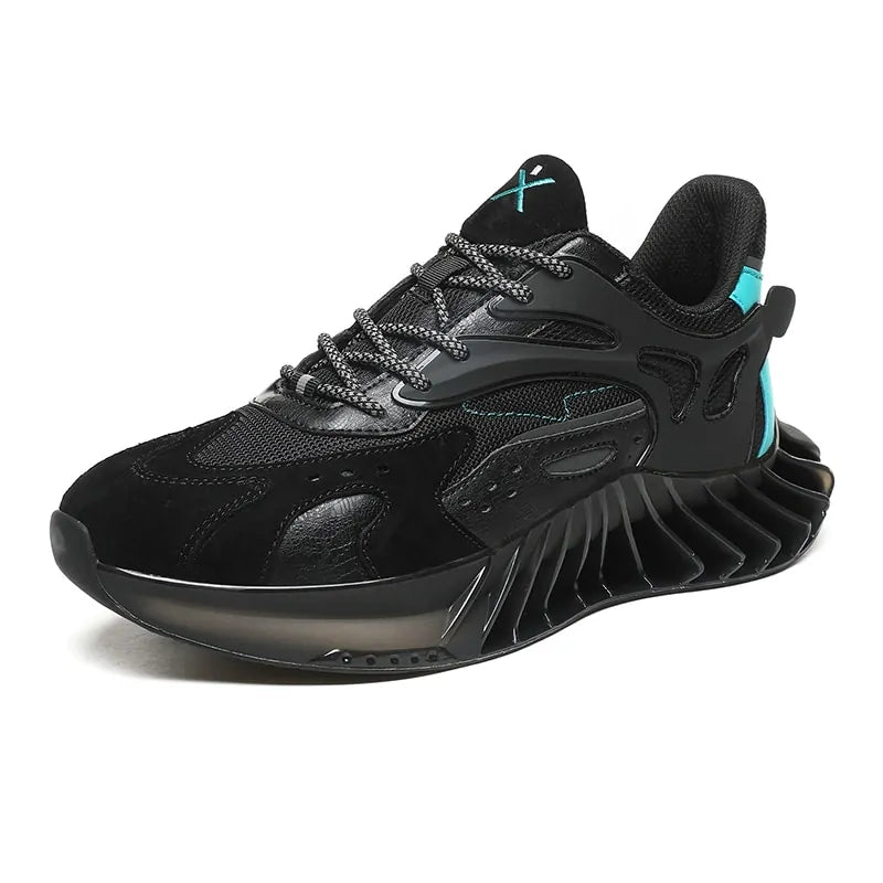 Black athletic trainer with reflective laces, turquoise accents, and a sculpted ridged sole.