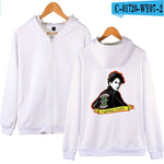 White zip-up hoodie with character graphic back print

