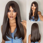 Long straight dark brown wig with a soft centre part and face-framing layers, shown on a model from front, side, and back views, with a smooth, natural-looking finish.