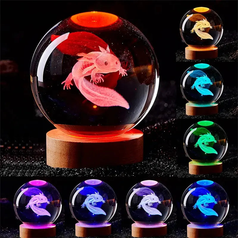 Crystal ball LED night light with a blue “cloud” design on a wooden base, shown with USB plug and “7 colors