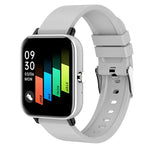 Silver, rectangular smartwatch with a light gray silicone strap, displaying the time “09:30,” date “03/06 MON,” and a colorful fitness dashboard with labeled bars for BPM, KM, KCAL, and STEP.