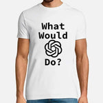 A man wearing a white T-shirt with a red ChatGPT logo and the text “Who needs Chat-GPT when your wife is always right?