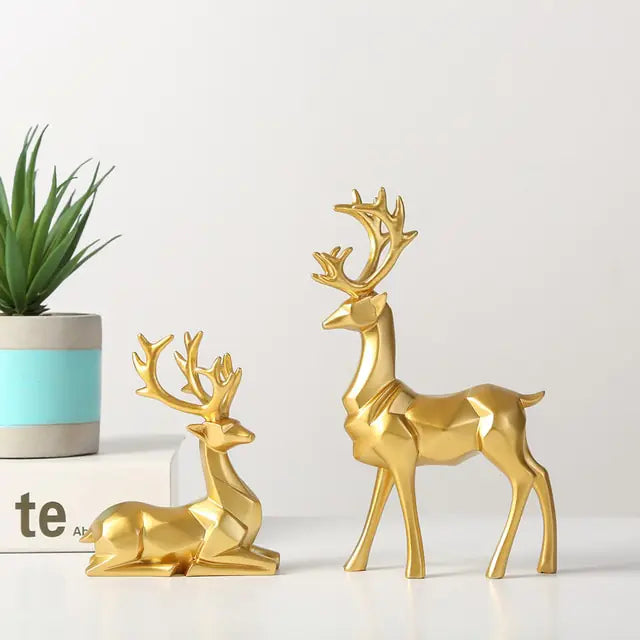 Gold geometric deer figurine home décor set.