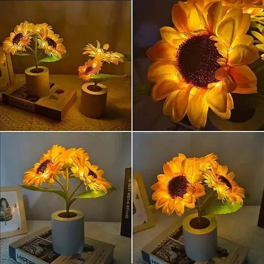 Decorative artificial sunflower with integrated LED lights in a living room setting