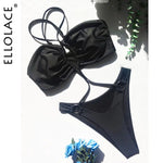 Black two-piece bikini with a ruched bandeau top and high-cut thong-style bottoms.