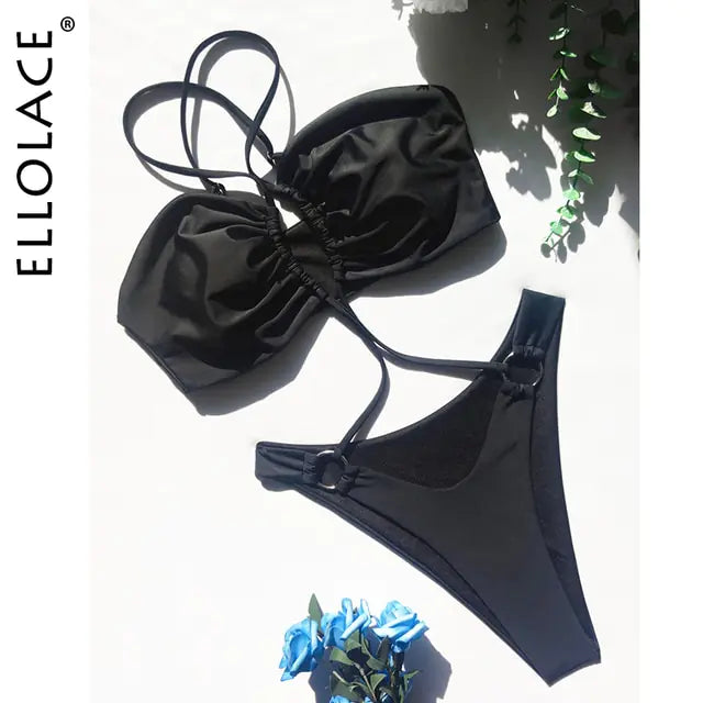 Black two-piece bikini with a ruched bandeau top and high-cut thong-style bottoms.