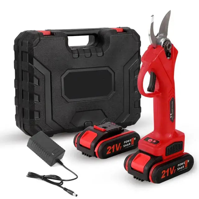 Cordless electric pruning shears kit with black cutter, two 21V batteries, charging adapter, and a black hard carrying case, shown on a white background.
