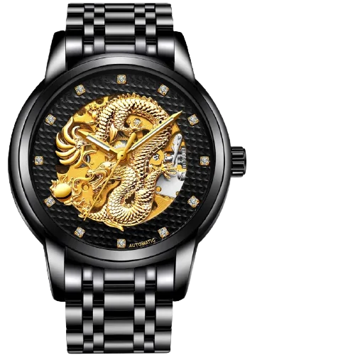 Black metal wristwatch with a link bracelet and a textured black dial featuring a gold dragon skeleton design and crystal hour markers, shown on a dark background.
