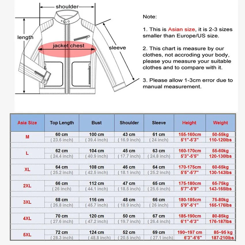 Men's Spring Autumn Hooded Jacket Size Chart