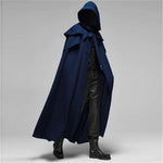 Black hooded cloak with a long flowing cape design and gothic costume styling.
