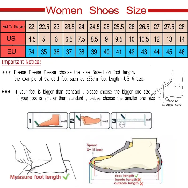 Women's Lightweight Breathable Slip-On Sneakers Size Chart
