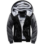 Black and gray zip-up hoodie with long sleeves and front pockets, featuring a thick light-gray sherpa/fleece lining and an oversized hood, shown on a white background.