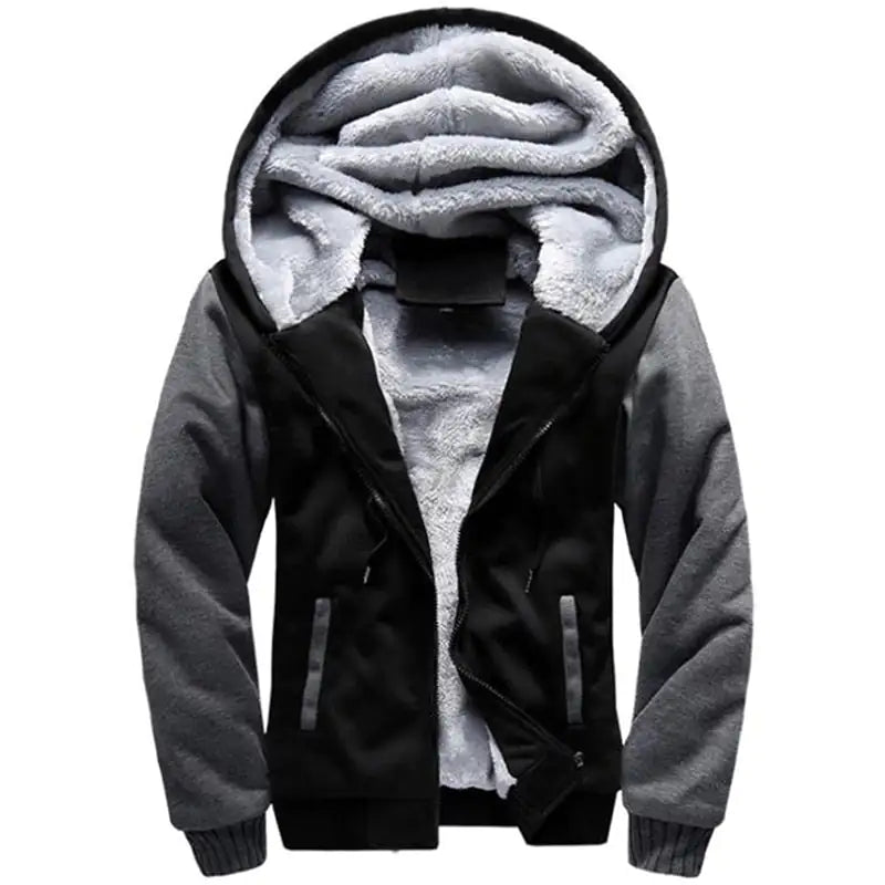 Black and gray zip-up hoodie with long sleeves and front pockets, featuring a thick light-gray sherpa/fleece lining and an oversized hood, shown on a white background.