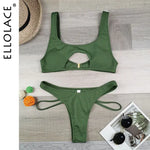 Olive-green ribbed bikini set laid flat, featuring a scoop-neck top with a front cutout and gold clasp and a matching high-cut bottom; “ELLOLACE” text along the side.