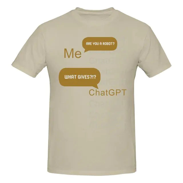 Beige graphic T-shirt with ChatGPT speech bubble design.
