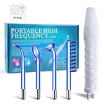 Portable high-frequency facial wand set with a white handheld device, four blue glass electrode attachments (including a comb), and a teal box labeled “PORTABLE HIGH FREQUENCY LZ-006A,” plus a small “US plug” icon.
