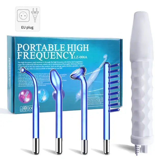 Portable high-frequency facial wand set with a white handheld device, four blue glass electrode attachments (including a comb), and a teal box labeled “PORTABLE HIGH FREQUENCY LZ-006A,” plus a small “US plug” icon.