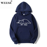 A navy blue pullover hoodie with a front kangaroo pocket and hood, featuring a simple white graphic of a lounging cat above the words “NOT TODAY.” The top left corner also shows the brand name “WZZAE.”