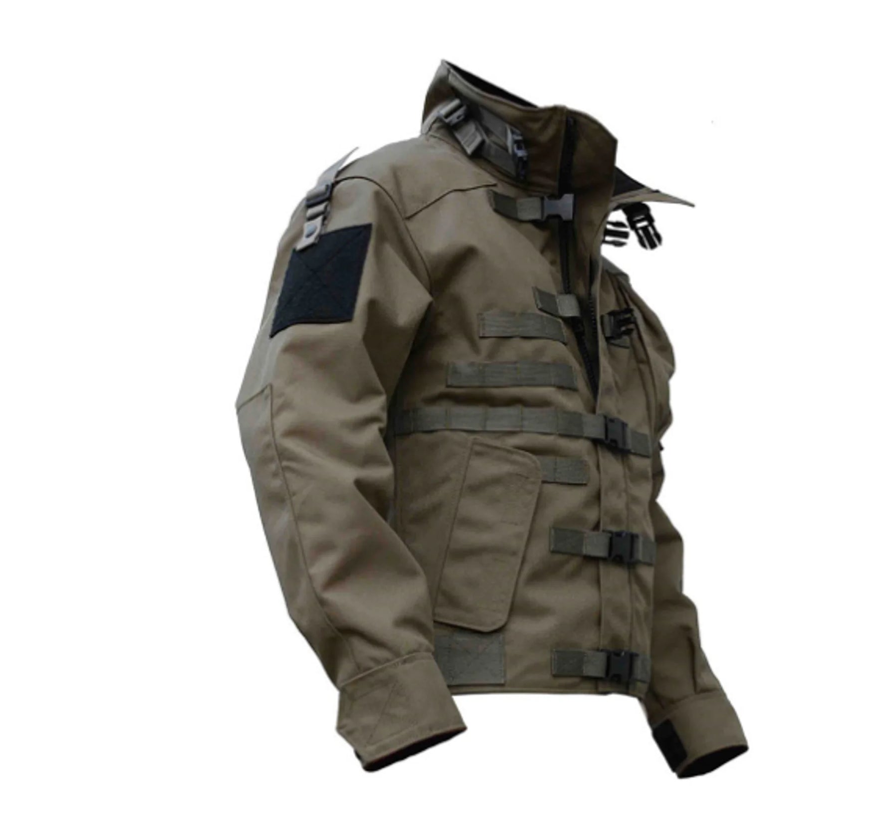 Olive-brown tactical-style jacket shown on a white background, featuring a high collar, multiple front straps and buckles, large flap pockets, and a black patch panel on the upper sleeve.