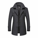 Charcoal gray double-breasted coat with a wide lapel collar, button front, zip chest pocket, side pockets, and patterned inner lining.