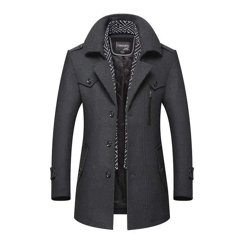 Charcoal gray double-breasted coat with a wide lapel collar, button front, zip chest pocket, side pockets, and patterned inner lining.