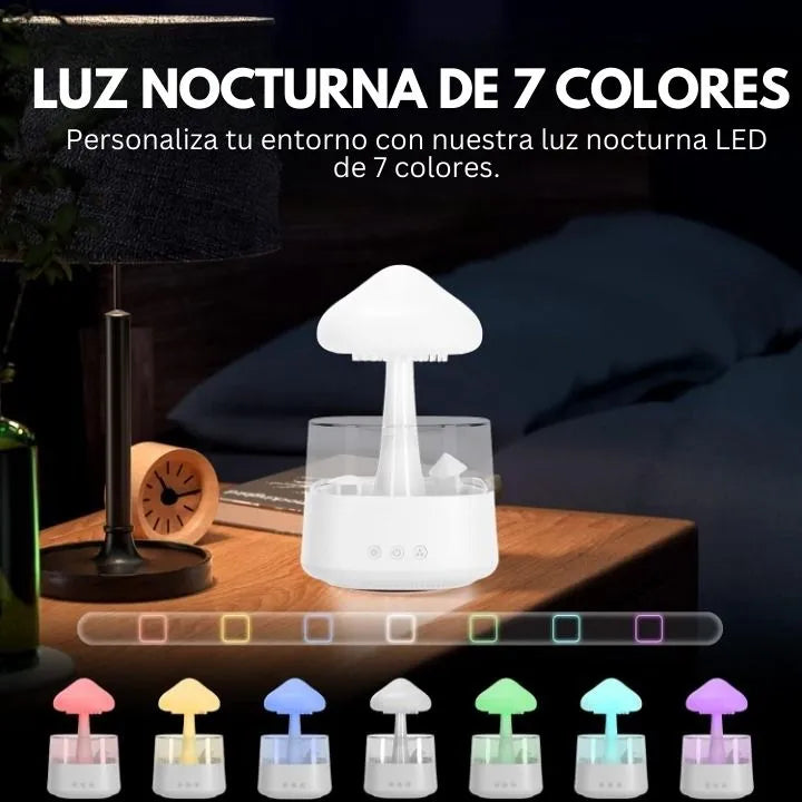 Spanish promotional image for a “7-color night light” showing a mushroom-shaped LED lamp on a bedside table, with icons displaying seven different color options.