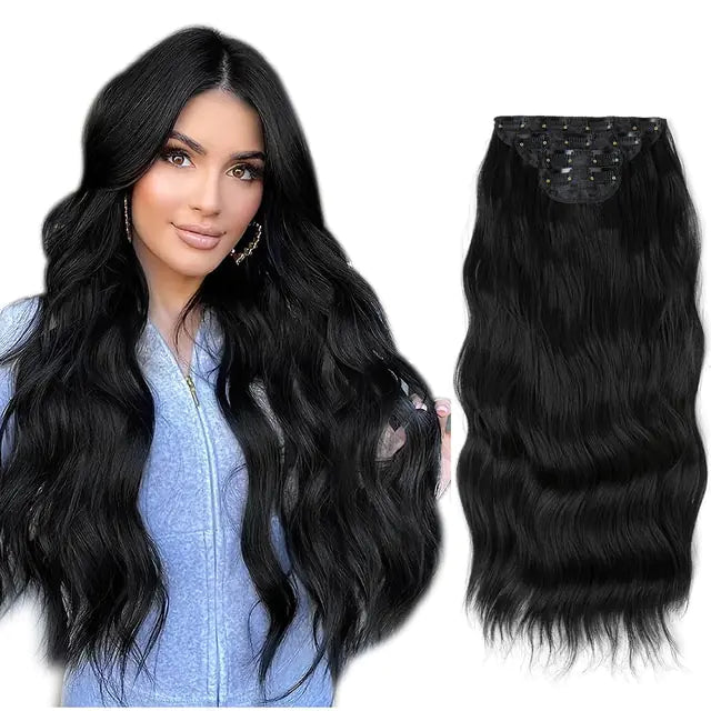 Side-by-side image showing a woman with long, wavy black hair wearing a light blue top, next to a black wavy clip-in hair extension piece displayed on a white background.