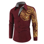 Burgundy long-sleeve button-up shirt with gold patterned shoulder and sleeve detail.
