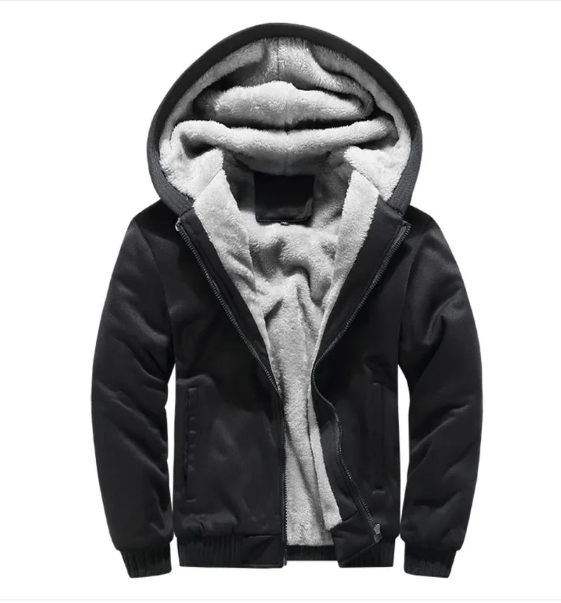 A stylish two-tone hoodie with a navy blue body and red sleeves, featuring a thick, plush gray fleece lining for warmth. The hood is large and lined with the same soft material, and the jacket includes a full-length zipper and two front pockets with red accents. Designed for cold weather comfort.