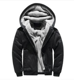 A stylish two-tone hoodie with a navy blue body and red sleeves, featuring a thick, plush gray fleece lining for warmth. The hood is large and lined with the same soft material, and the jacket includes a full-length zipper and two front pockets with red accents. Designed for cold weather comfort.
