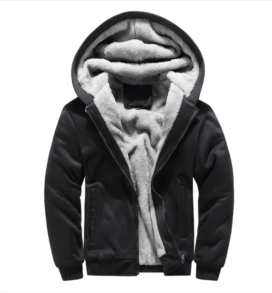 A stylish two-tone hoodie with a navy blue body and red sleeves, featuring a thick, plush gray fleece lining for warmth. The hood is large and lined with the same soft material, and the jacket includes a full-length zipper and two front pockets with red accents. Designed for cold weather comfort.