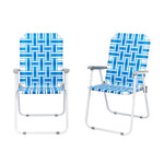 Two blue and white patterned folding chairs on a white background