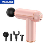 Pink massage gun with a black spherical attachment, accompanied by four additional massage heads displayed beside it, labeled with the brand "MUKASI" at the top.