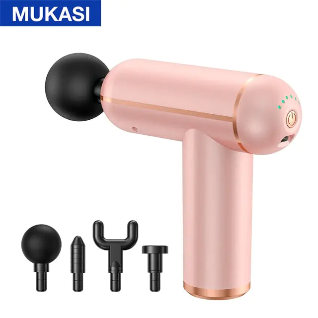 Pink massage gun with a black spherical attachment, accompanied by four additional massage heads displayed beside it, labeled with the brand "MUKASI" at the top.